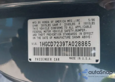 1996 Honda Accord Lx z USA, uszkodzony, nr VIN 1HGCD7239TA028865